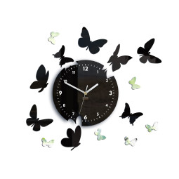 Černé hodiny na zeď s motýly